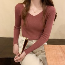 여성용 MA 브이넥 골지 긴팔 니트