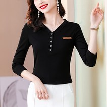 여성용 MA 코튼 라벨 브이넥 미시 긴팔 티셔츠