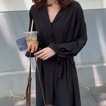 어썸풀 세실 카라넥 허리끈 플레어 셔츠 롱원피스