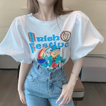 몬드스팟 여성용 천사 빅퍼프 라운드넥 반팔 티셔츠 MON21