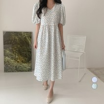 베러스윗 여성용 브이넥 퍼프 반팔 잔꽃 롱 원피스