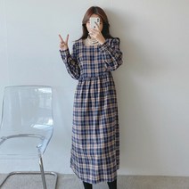 로미스토리 스퀘어넥 체크 패턴 롱 원피스