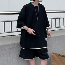 남성용 블랙101 폴리레이 캐쥬얼 오버핏 반팔 반바지 셋업 B235MF00439