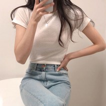 체리체리 여성용 라운드넥 골지 반팔 티셔츠