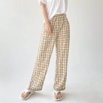 플랜데이 여성용 편한 캐주얼 체크 밴딩 와이드 팬츠