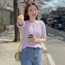 로미스토리 여성용 골지 케이블 반팔 니트