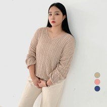 102102 여성용 빅사이즈 루즈핏 꽈배기 브이넥 니트