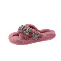 여성용 예쁜 플라워 크로스 스트랩 퍼 슬리퍼