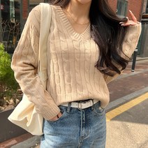 시크폭스 여성용 파이카 꽈배기 브이넥 니트