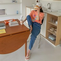 패션풀 여성용 배기 투버튼 뒷밴딩 데님 팬츠 28521