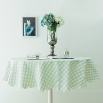 레트로 깅엄 체크 원형 방수 식탁보, 라임그린, S(120cm)