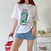 티탁 여성용 빅사이즈 데일리 루즈핏 라운드넥 테니스 배색 프린팅 라켓 코튼 반팔 티셔츠