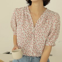 빼빼 여성용 브이넥 플라워 핀턱 반팔 블라우스
