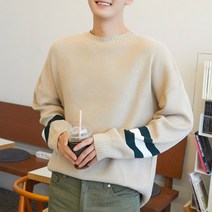 플레이즈 남성용 소매배색 오버핏 라운드넥 니트티셔츠