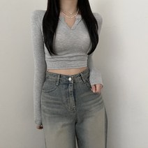 VANANA2 여자 브이 트임 크롭 슬림핏 긴팔 티셔츠