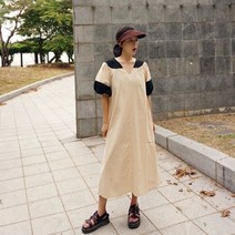 앞머리 오버핏 린넨 배색 퍼프소매 롱 원피스n710