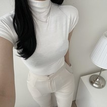 VANANA2 여성 베이직 페미닌 고급 반목 폴라 반팔 티셔츠