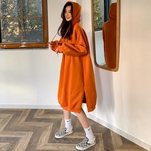 기모 후드 원피스 롱 맨투맨 스커트 여성 겨울 가을 무릎넘어 와이드 루즈핏 두꺼운 클래식 솔리드 무지 2688757631
