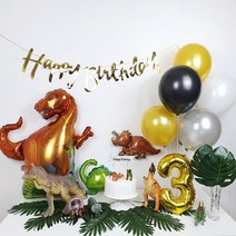 파티온 생일파티 공룡세트(가랜드+펄풍선 10개+공룡풍선), 실버+티라노사우르스