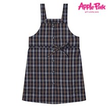 애플핑크 벨티드 체크 단추 오픈 멜빵 원피스