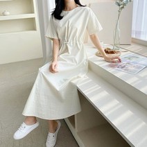 리코 반팔원피스)허리밴딩조절 허리시보리 라운드넥 나일론 반소매 여름원피스 베이지색 루즈핏 박시한