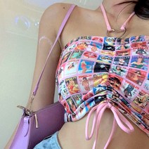 하트 스트링 매거진 탑/잡지 화보 프린팅 홀터넥 크롭