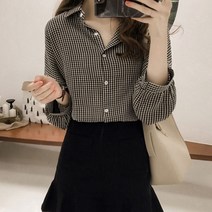 파인드미 예쁜 숄드 코디 체크 쉬폰 블라우스 상의 2컬러 여성 정장 카라