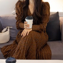 플리츠 가슴셔링 꽃무늬 퍼프 롱 브라운 원피스 결혼식 하객룩 AH128