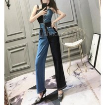 SAMARA 빈티지 투톤 배색 집업 데님 청 와이드 점프수트 멜빵 바지 여름 여자 여성 여행 해변 휴가 비치 바캉스