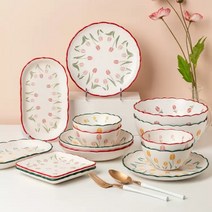 LOVFIR 튤립 도자기 식기 세트 물결 가장자리 밥그릇 국그릇 접시 6인 식기세트 22p, 노란색+핑크색, 2인 식기세트 8p