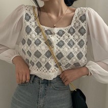 [랜덤플레이] 자수 니트 조끼 쉬폰 소매 일체 블라우스