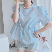 [최저가/여리핏]라운드 퍼프소매 허리스트링 반팔 셔링 블라우스