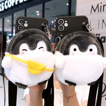 아이폰 전기종 카드 지폐 동전 에어팟 수납 귀여운 펭귄 캐릭터 털 인형 파우치 지갑 스트랩 세트 실리콘 핸드폰 가방 케이스