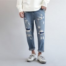 디벨로 남자 구제 빈티지워싱 테이퍼드 찢어진 청바지 컷팅진 중청