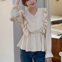 브이넥 프릴 블라우스 긴팔 여성 페미닌 셔츠 봄 가을