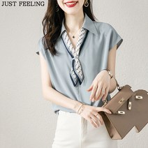 JUST FEEL!NG 여성 여름 탈부착 보타이 정장 쉬폰 블라우스 반팔 티셔츠