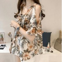 [바쿠]여성 빅사이즈 하와이 플라워 어깨 트임 프릴 블라우스[5249mw04209zx]