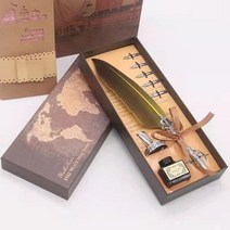 명품만년필 선물 백화점 깃털 만년필 잉크 pen set retro gold feather pen 병 서예 쓰기 dip pen birthday gift box 5 pen tip, e