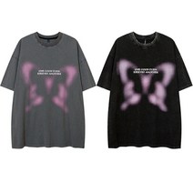 남자 오버핏 라운드 워싱핑크 버터플라이 반팔 티셔츠 2컬러