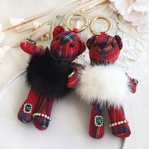 바이진주리본 레드 체크 밍크 곰인형 열쇠고리&가방참장식