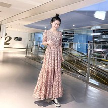 쉬폰 허리 스트링 롱원피스 여름 꽃잎 소매 하프 선녀 원피스 브이넥 반팔 하의