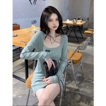 KORELAN 실사 콩 녹색 니트 원피스