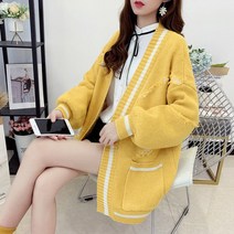 티티웍스 여성용 브이넥 백 레터링 헤짐 빈티지 배색 긴팔 니트 가디건