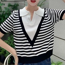 이지핏 여자 레이어드 디자인 반팔 니트 검정색 가로 줄무늬 여성단정한반팔 니트티 여성니트코디 여성니트티 여자스트라이프니트 여성니트 블랙니트 여자니트티 니트옷 흰색니트반팔 여름니트 여자니트코디 여성카라넥니트