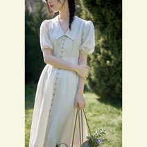 러블리 프랑스 레트로 소녀풍 원피스 여름 요정 여신 퍼프 소매 슬리브 카라 리본 롱 드레스