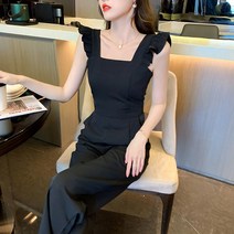 멜빵 랩 허리밴딩 데일리 바스락 어깨 퍼프 여자 멜빵바지 날개 블라우스 프릴셔링점프수트