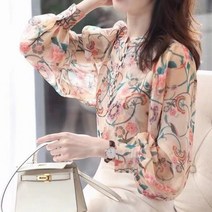 [유나네] 세미퍼프 플라워 쉬폰 블라우스 군살커버 m105