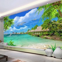 입체벽지 포인트 벽지 3d 사진 해변 바다보기 코코넛 나무 풍경 벽화 거실 소파 tv, 1㎡