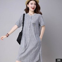 가바바 여성 셔츠원피스 일러스트 프린팅 스트라이프 헨리넥 롱원피스 G53756