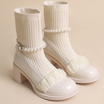 청키 가보시앵글부츠 걸그룹 앵글부추 반 부츠 패션 여성 짧은 진주 슬립 온 플랫폼 미드 송아지 숙녀 메리 제인 신발 여성 가을 캐주얼 여성